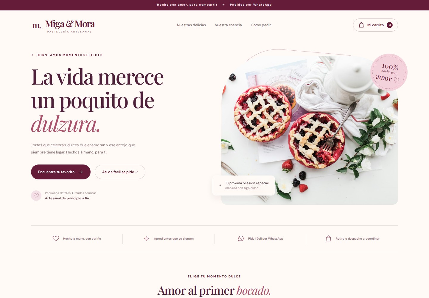 Captura de Miga & Mora, la página de muestra de una pastelería artesanal